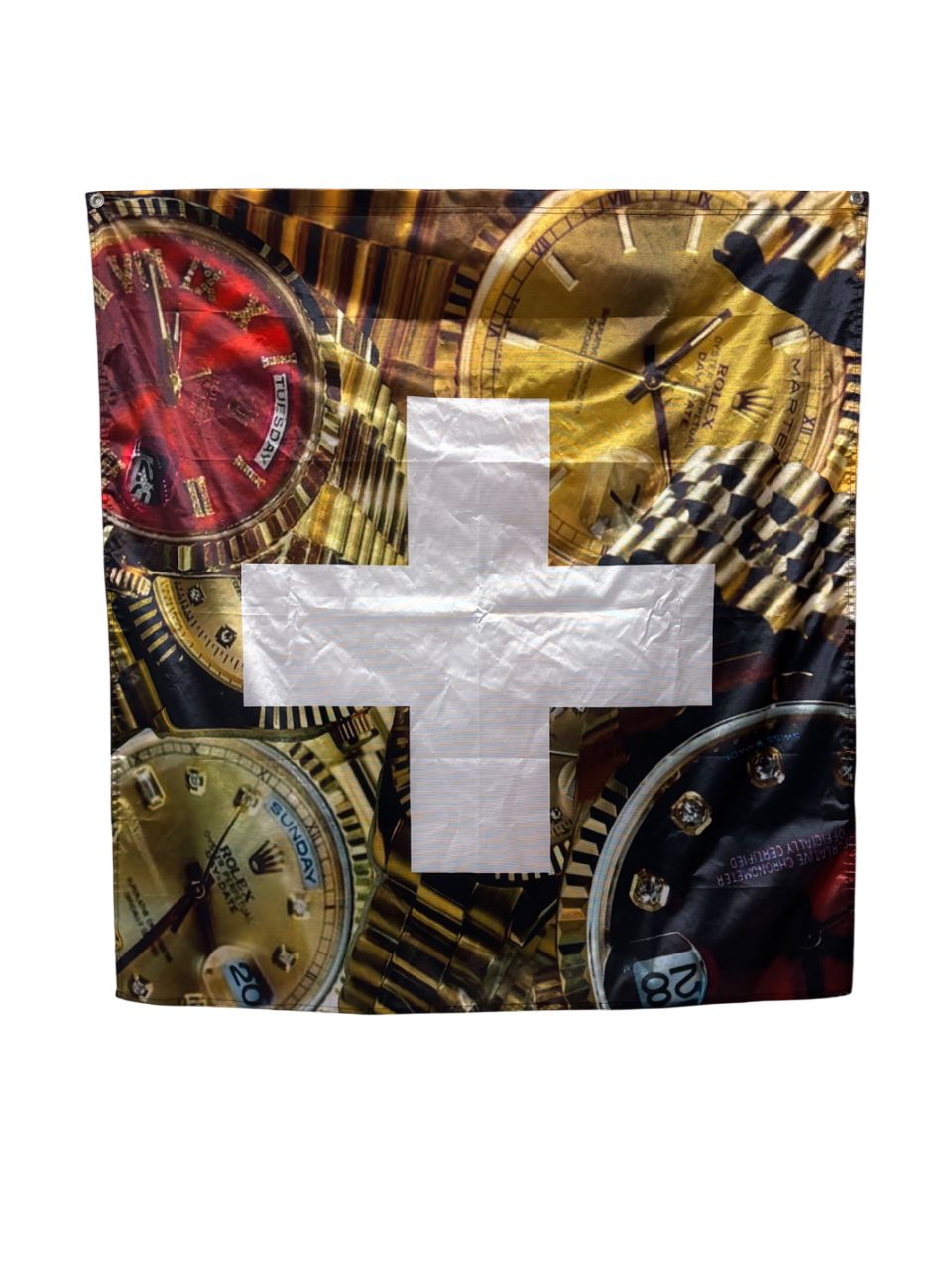 Schweizer Kreuz Luxus Fahne | Gold Uhr Design Flagge